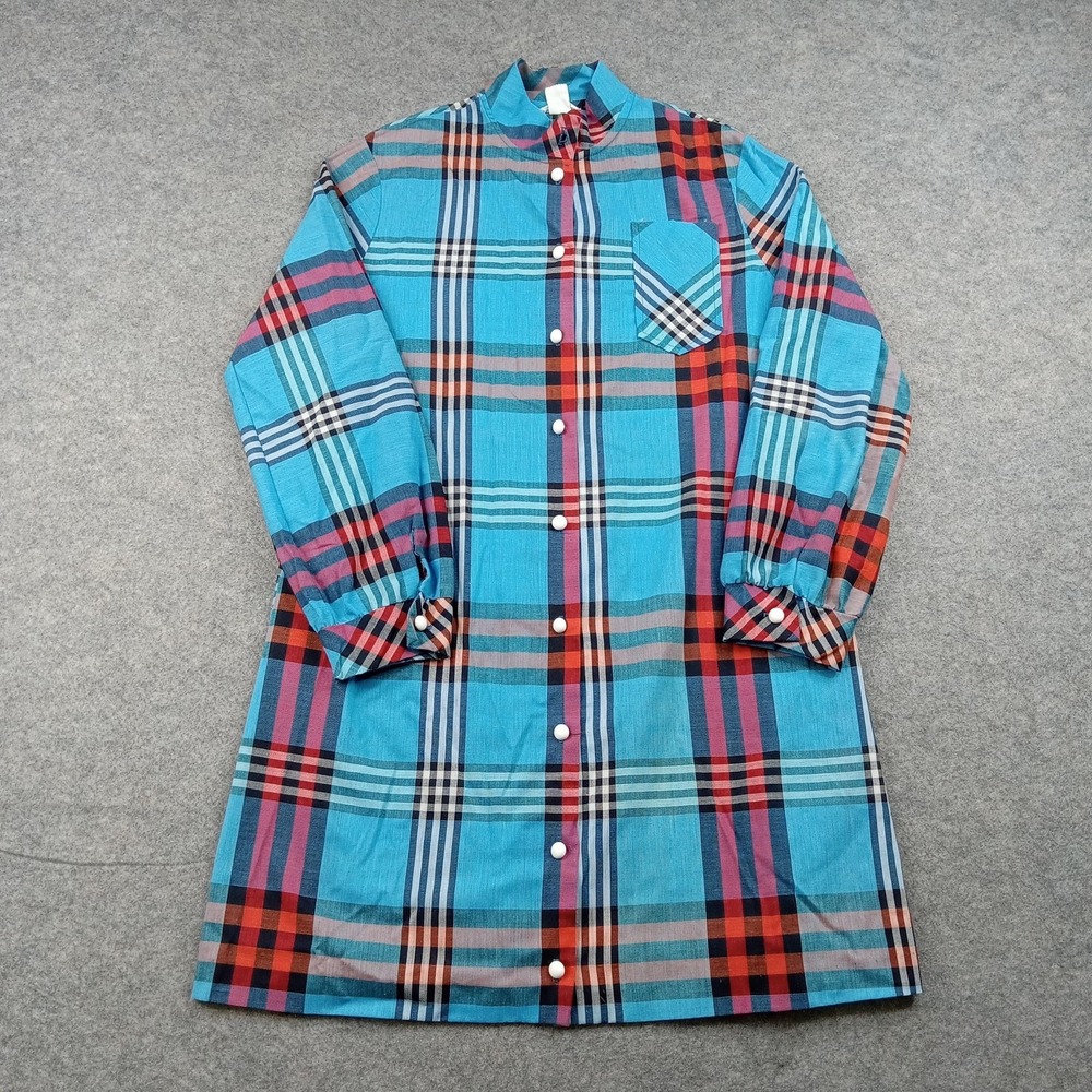 Vintage Sears Shirt Dress Womens 14 Blue Plaid Long Sleeve Casual Perma-Prest